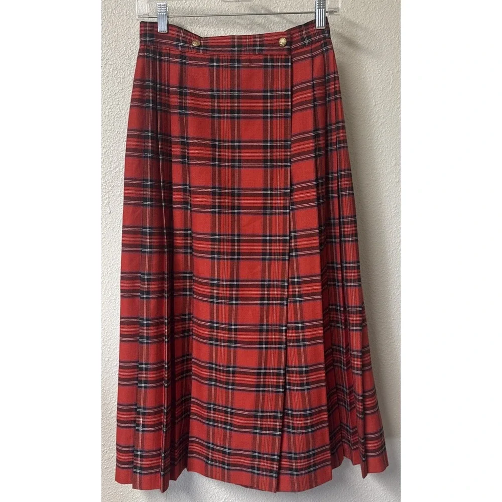 VTG Plaid Wrap Skirt SZ 8‎ Red 90s Academia Tartan Heritage Union Made Gold - Picture 2 of 15